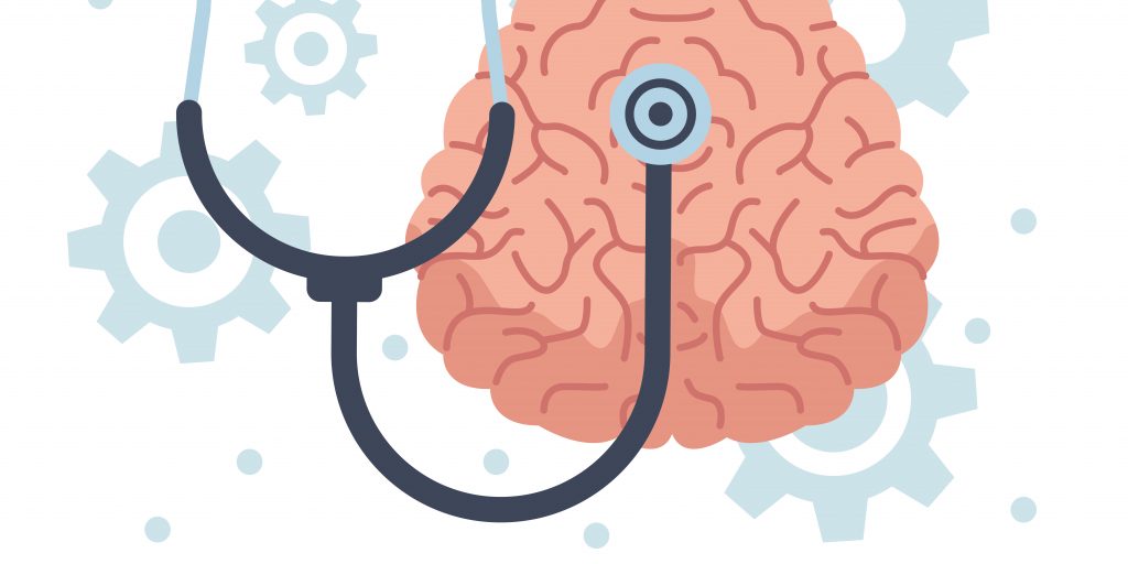 mental health day human brain with stethoscope and gears machinery vector illustration design