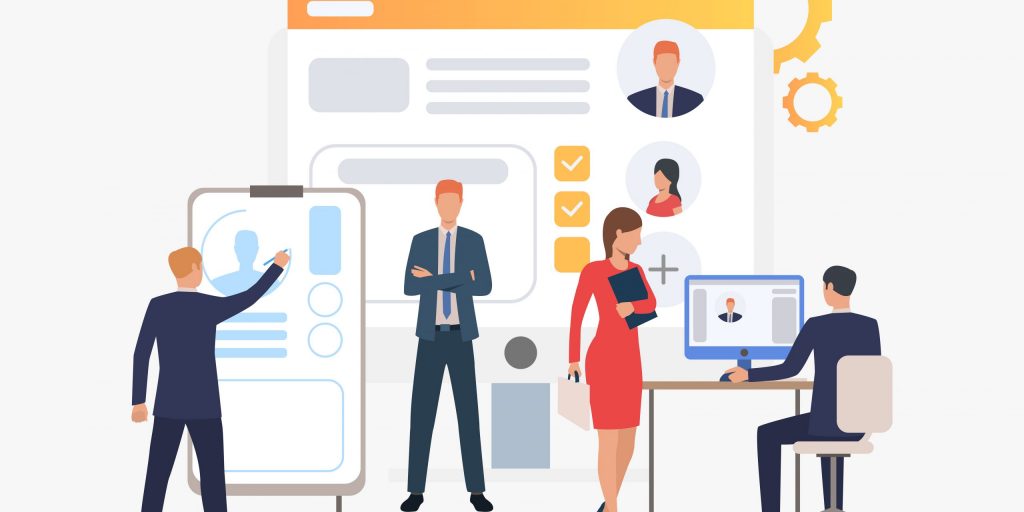 Recruitment agency, applicants and job interview. Personnel, hr, employment concept, presentation slide template. Can be used for topics like business, recruitment, human resources